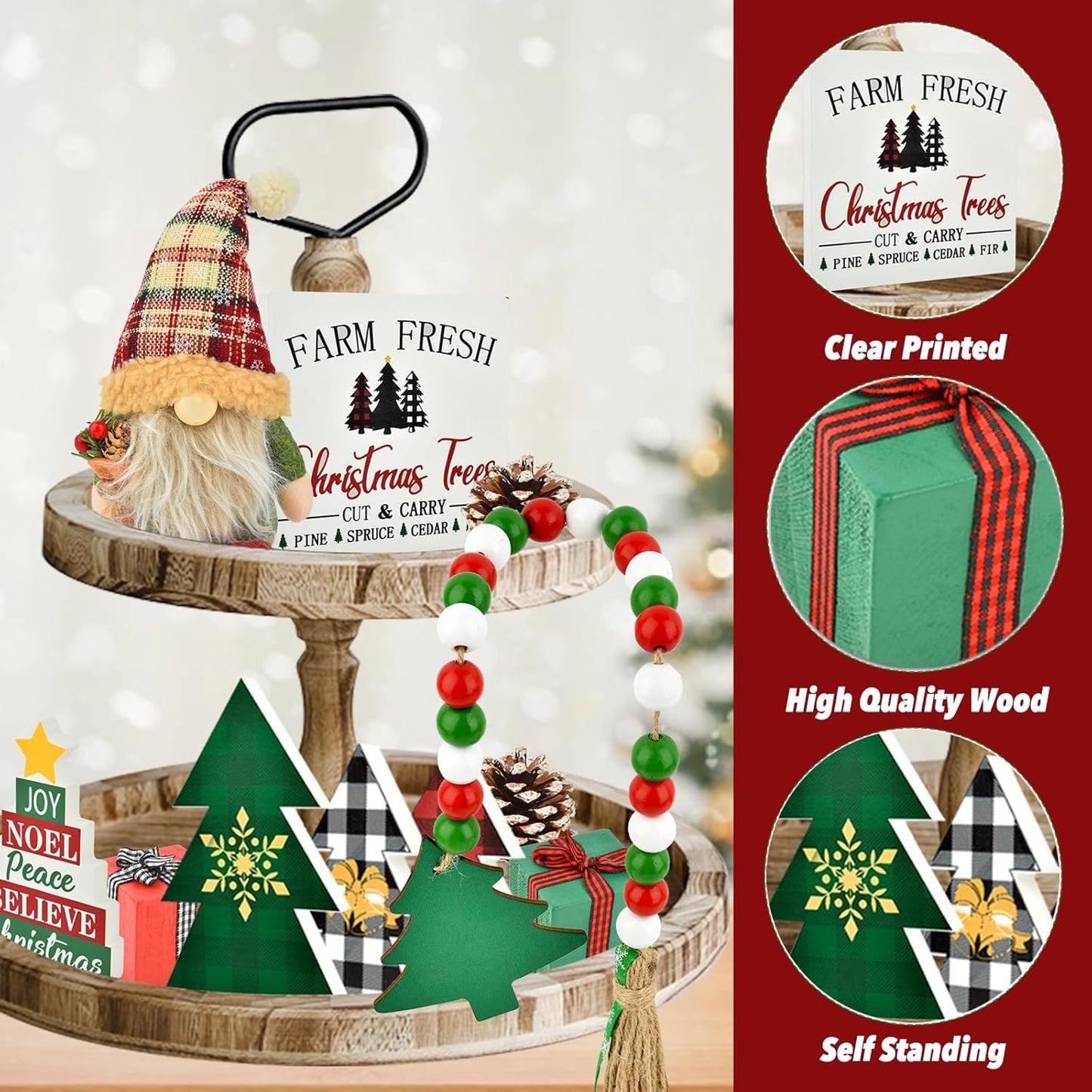 Christmas Tiered Tray Decorations Set - 11Pcs Tiered Tray Christmas Decor Set with Wooden Signs Gnome Plush Bead Garland, Farmhouse Tiered Tray Decor for House Room Table Holiday Party