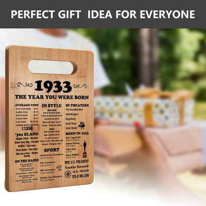 91St Birthday Gifts for Women Men, 91 Year Old Birthday Present, 1933 Poster, Back in 1933 Cutting Board, 91St Birthday Decorations