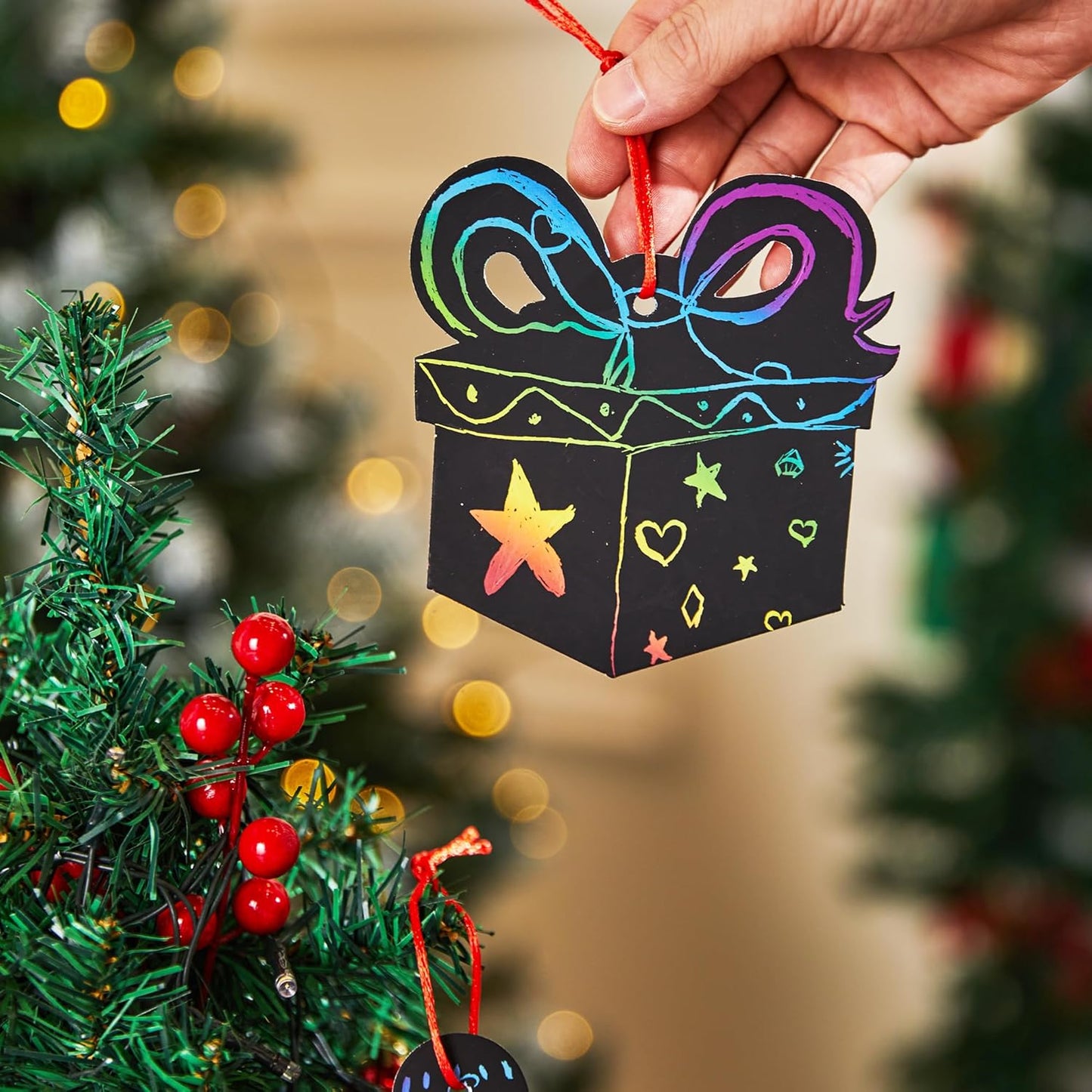 72 Pcs Christmas Scratch Art Ornaments, Rainbow Color Scratch Paper Craft Kit Include Snowman, Christmas Tree, and Reindeer, Scratch off Hanging Ornament for Kids Party Favor