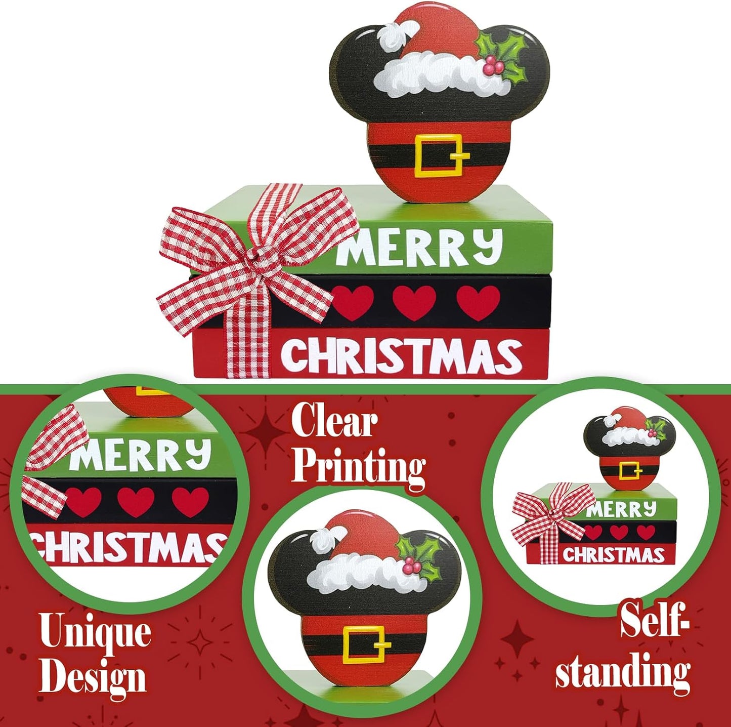 Merry Christmas Mini Wood Book Stacks, Xmas Santa Tiered Tray Decor, Funny Winter Holiday Decorative Wooden Sign, Farmhouse Rustic Shelf Table Home Decorations with Plaid Bow