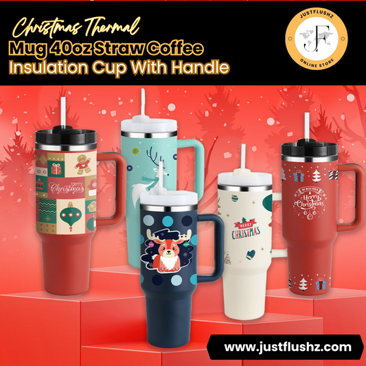 Christmas Thermal Mug 40oz Straw Coffee Insulation Cup With Handle Portable Car Stainless Steel Water Bottle LargeCapacity Travel BPA Free Thermal Mug