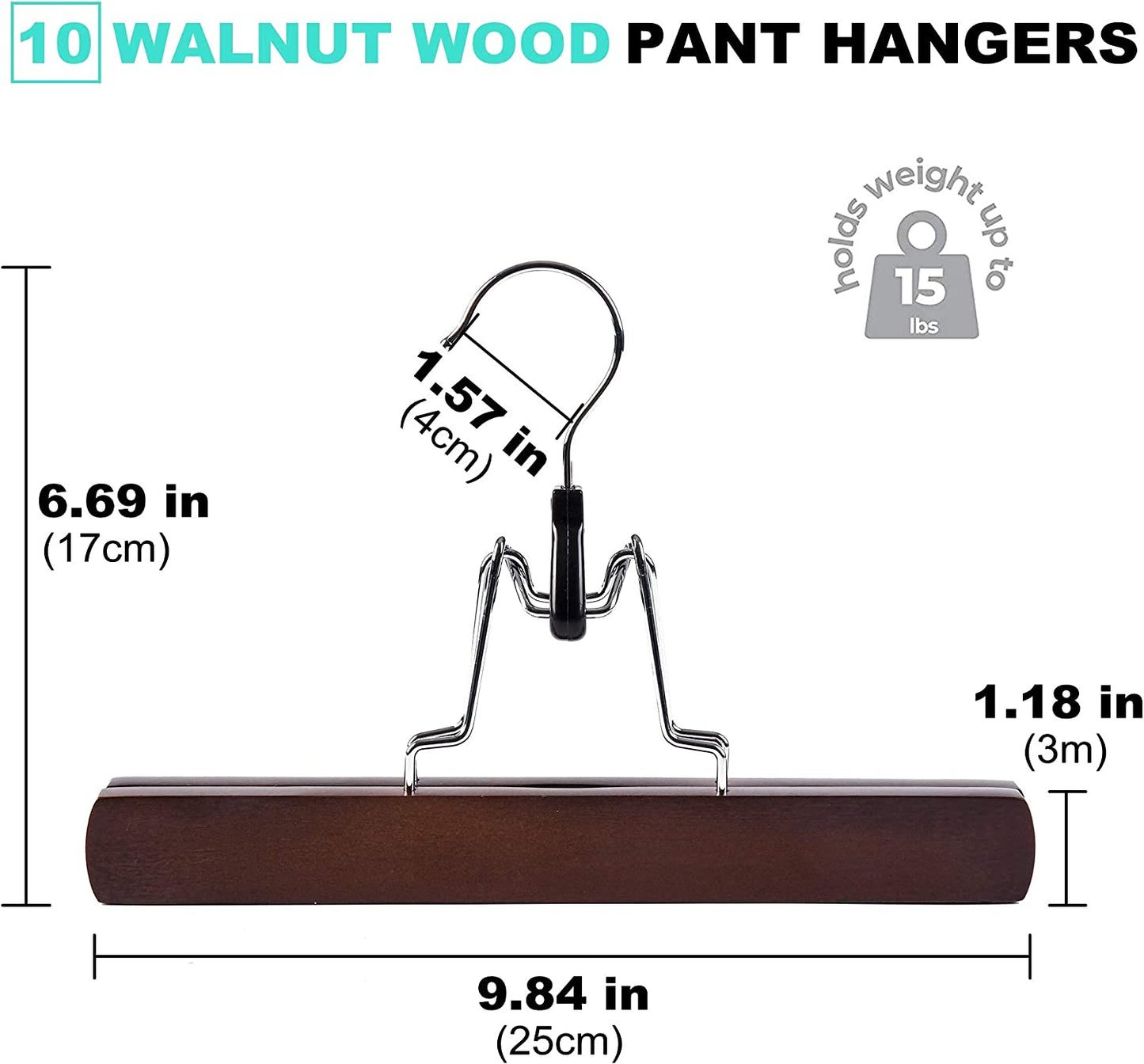 10-Pack Walnut Wooden Pants Hangers with Non-Slip Padded Velvet Clamps for Skirts, Trousers, and Wigs