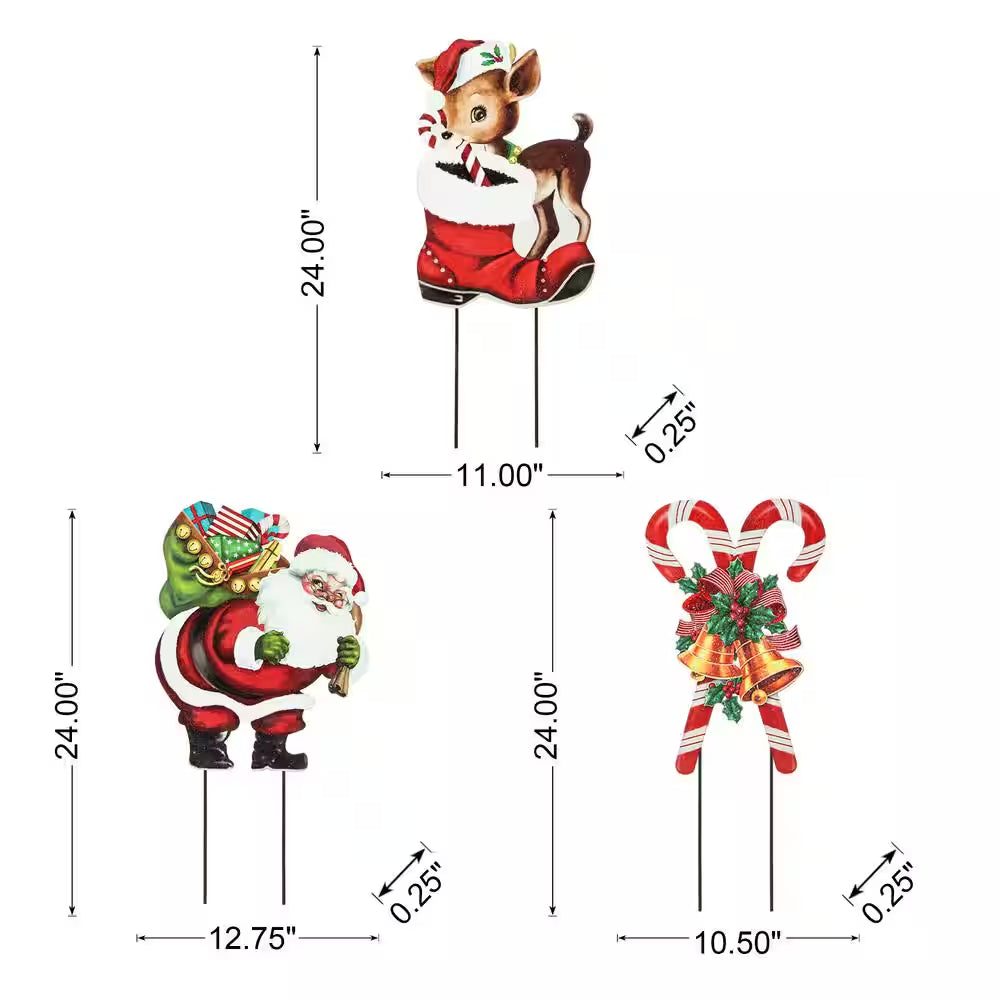 24 In. H Set of 3 Metal Glitter Santa, Reindeer and Candy Cane Christmas Yard Decor Yard Stake