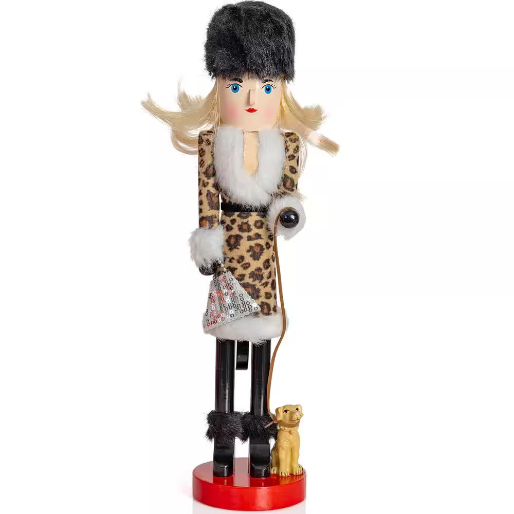 15 In. Wooden Shopping Lady Christmas Nutcracker -Glitter Shopper with Dog Holiday Nutcracker Figure Toy Decorations