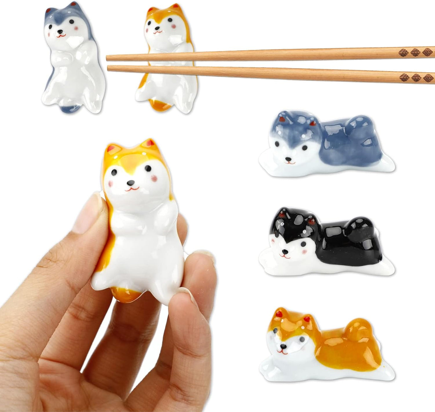 5 Pack Shiba Dog Chopsticks Holder Set Cute Chopsticks Rest Japanese Style Porcelain Spoon Rest Ceramic Chopsticks for Dinner Fork Knife Tableware, Decoration Home Kitchen Gift