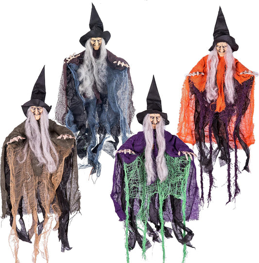 4 Pcs 19.6” Witch Halloween Decorations Outdoor Indoor Halloween Witch Decor Hanging Flying Witch Haunted House Large Cute Witch Lawn Garden Yard