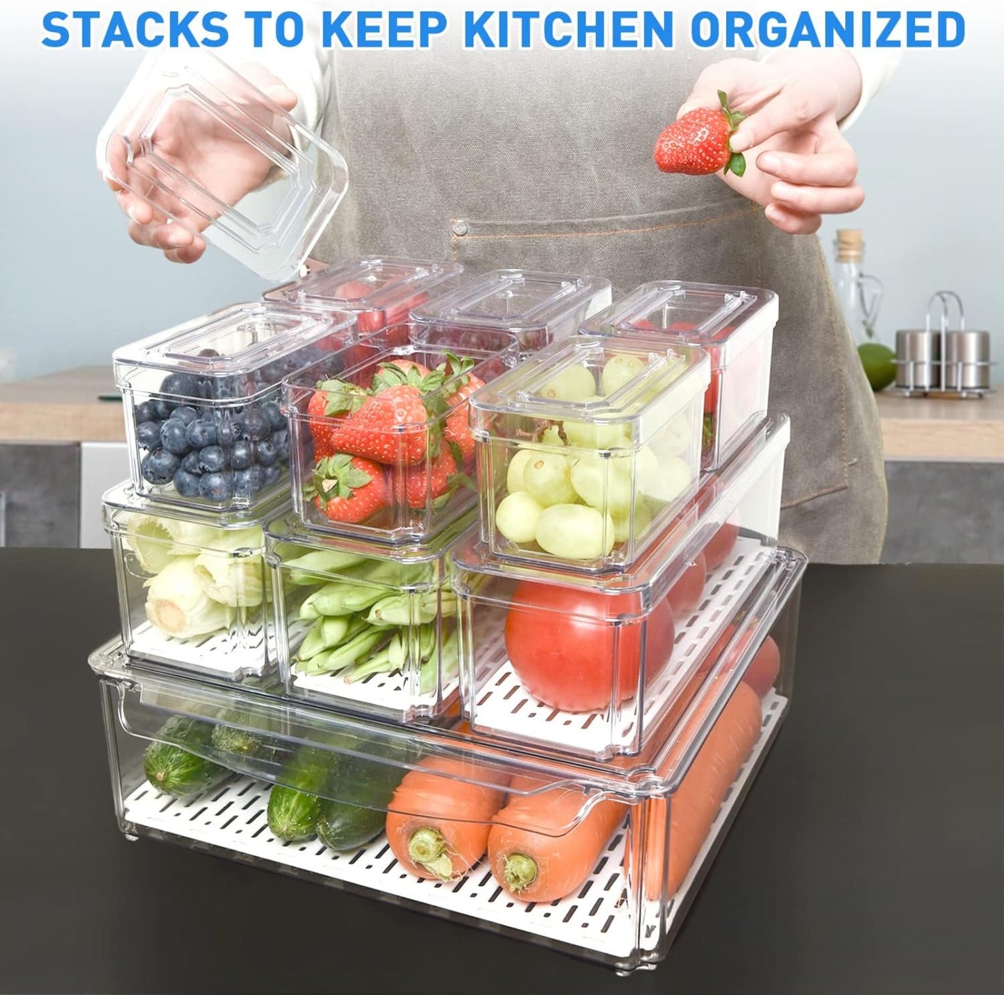 10 Pack Fridge Organizer, Stackable Refrigerator Organizer Bins with Lids, Bpa-Free Produce Fruit Storage Containers for Storage Clear for Food, Drinks, Vegetable Storage