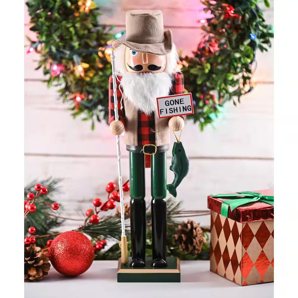 15 In. Wooden Christmas Fisher Man Nutcracker - Red and Green Fisherman Nutcracker with Fishing Rod and Fish in Hand