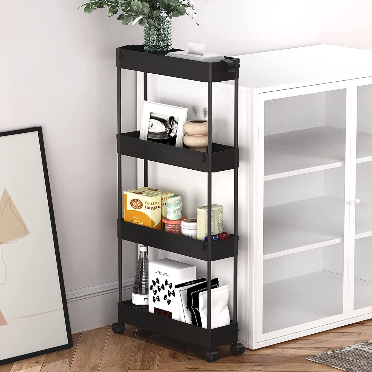 Slim Storage Cart 4 Tier, Storage Organizer Rolling Utility/ Mobile Shelving Unit Slide Out Storage Cart for Office, Bathroom, Kitchen, Laundry Room & Narrow Places， Black