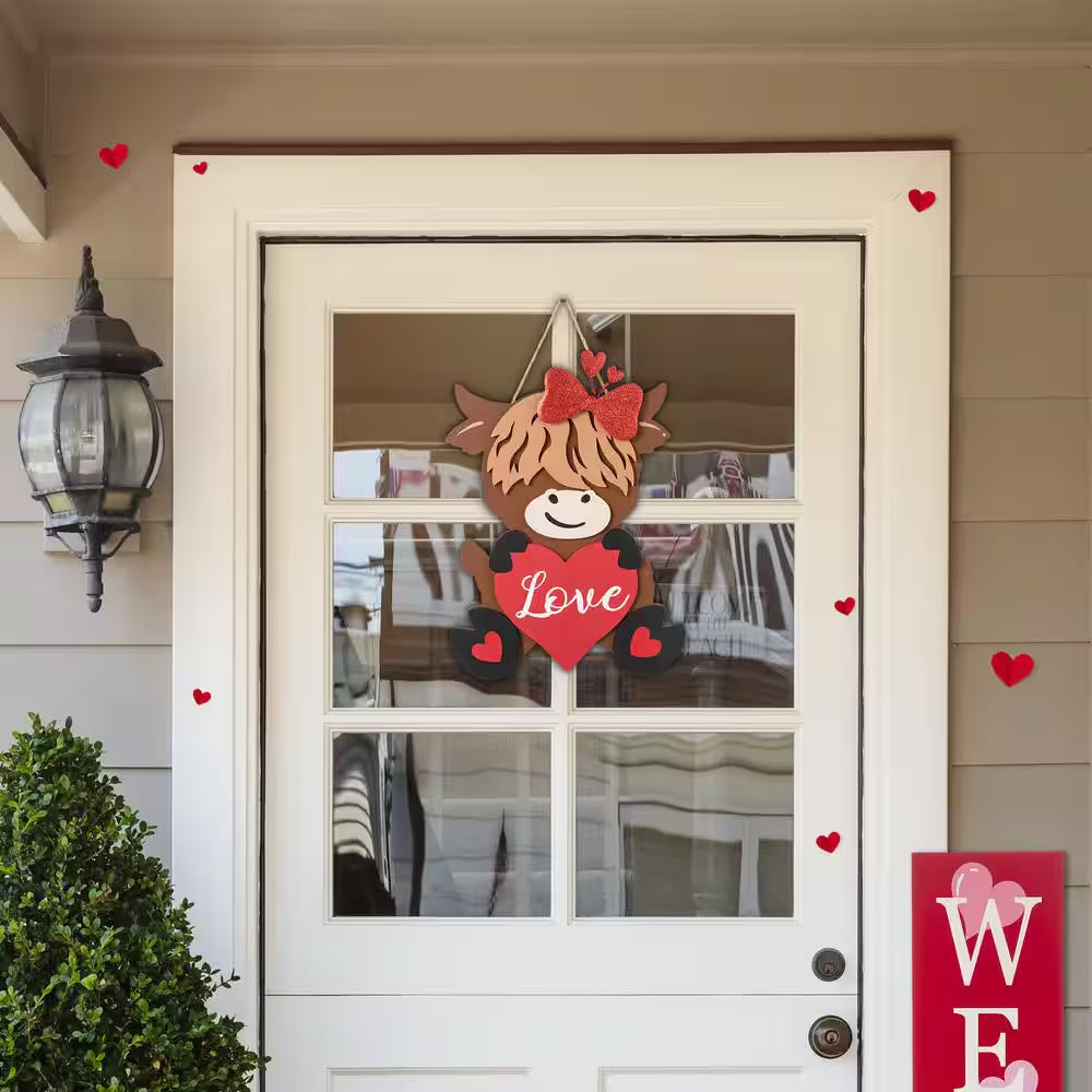 18 In. H Valentine'S Wooden Highland Cow with Heart Door Hanger