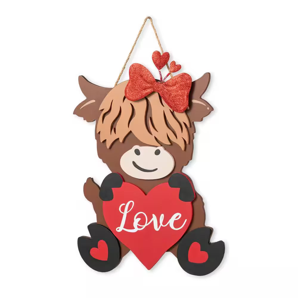 18 In. H Valentine'S Wooden Highland Cow with Heart Door Hanger