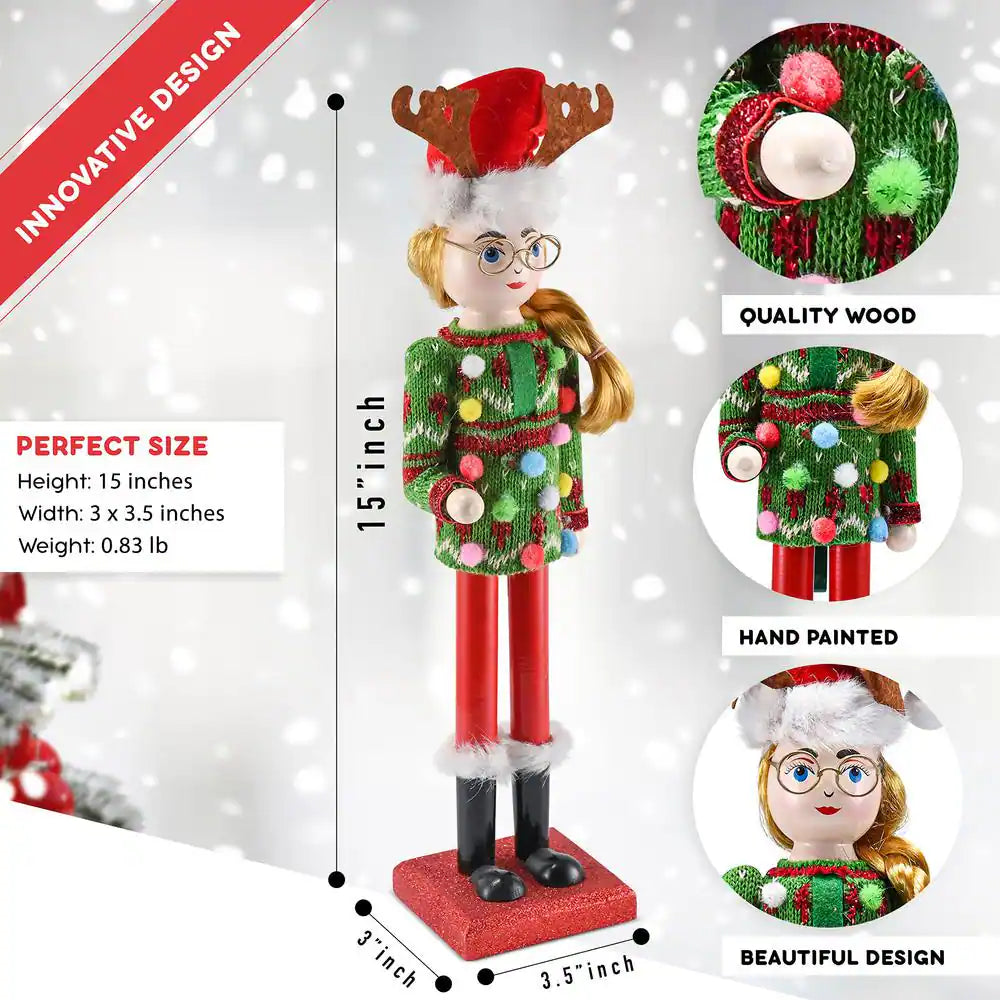 15 In. Wooden Christmas Ugly Sweater Nutcracker -Red and Green Nutcracker Girl with an Ugly Sweater and Reindeer Hat