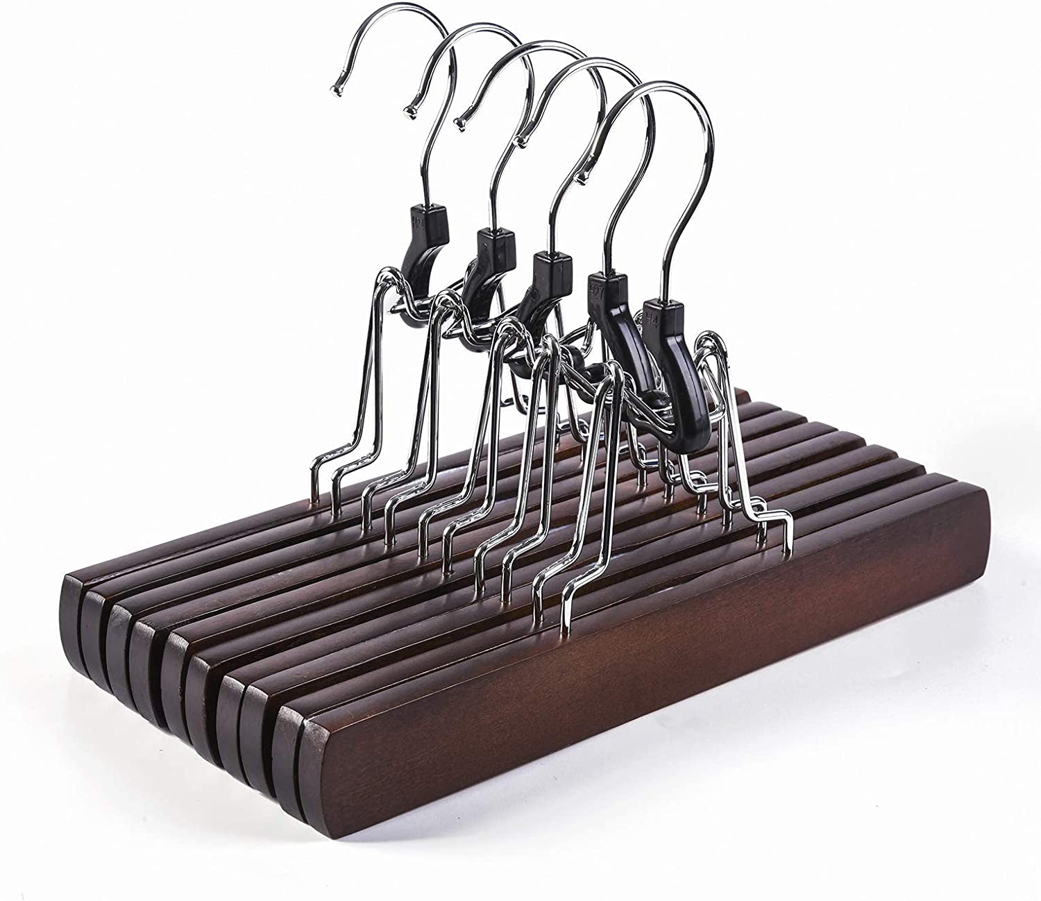 10-Pack Walnut Wooden Pants Hangers with Non-Slip Padded Velvet Clamps for Skirts, Trousers, and Wigs