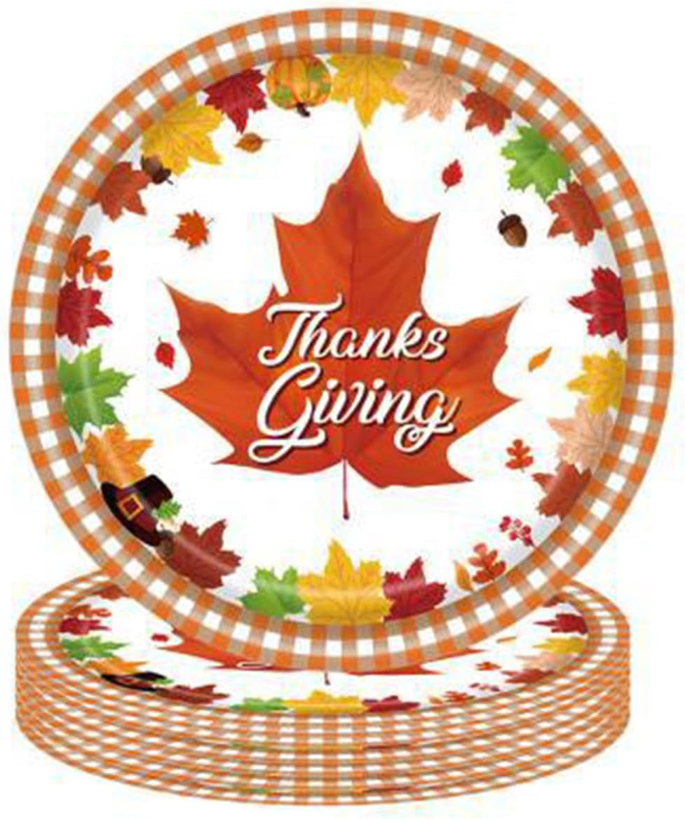 Thanksgiving Disposable Paper Plates Autumn Maple Leaf Print Dessert Plates for Fall Harvest Birthday Wedding Thanksgiving Party Dinner Tableware Decorations Favors Supplies (24 Pcs)