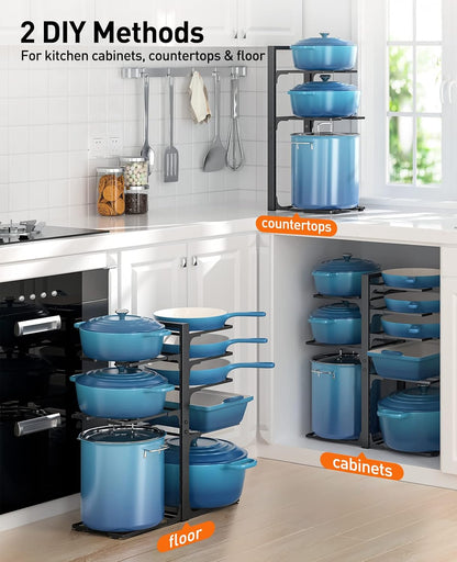 Pots and Pans Organizer: under Cabinet, 21" Height Heavy Duty 120LBS Pots Pans Organizer Rack for under Cabinet 8-Tier Adjustable for Big Stockpots, Dutch Ovens, Cast-Iron Pans, Heavy Cookware