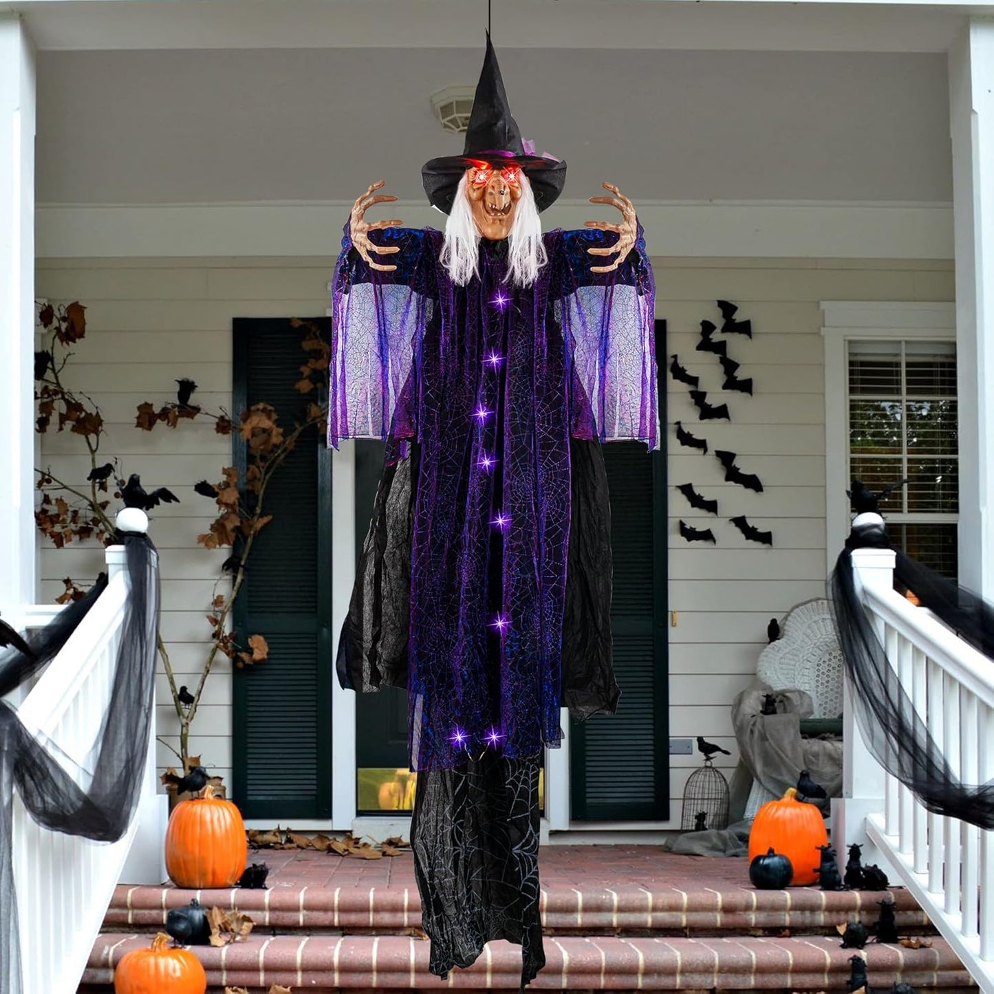 6 FT Hanging Witch Outdoor Halloween Decorations, Light up Hanging Witch with Sound Activation for Halloween Haunted House Props Party Supplies Yard Outdoor Indoor Decor