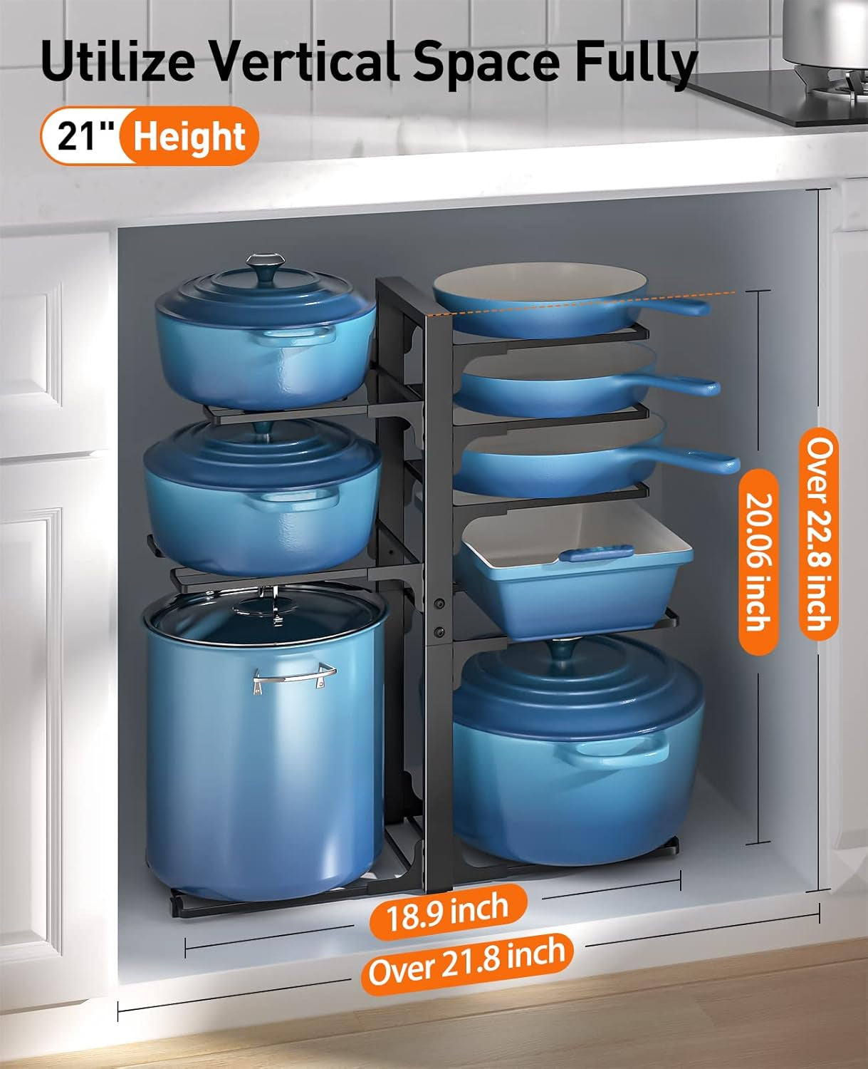 Pots and Pans Organizer: under Cabinet, 21" Height Heavy Duty 120LBS Pots Pans Organizer Rack for under Cabinet 8-Tier Adjustable for Big Stockpots, Dutch Ovens, Cast-Iron Pans, Heavy Cookware