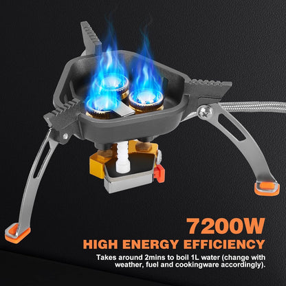 7200W Windproof Camping Gas Stove with Piezo Ignition, Dual Canister Adapter & Carry Case for Backpacking, Hiking & Picnics.