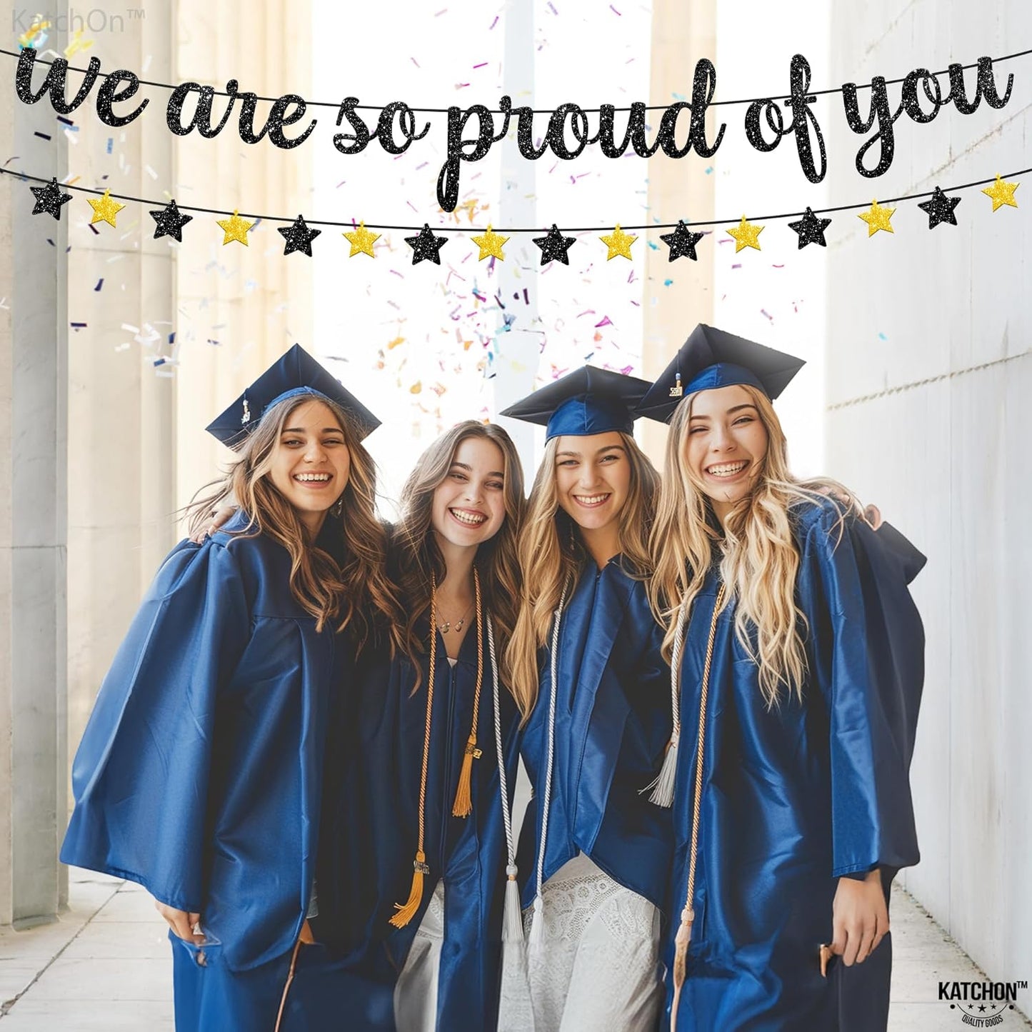 "Glitter 'We Are So Proud of You' Banner - 10 Feet | Elegant Congratulations Banner for Black and Gold Graduation Celebrations, Class of 2024"