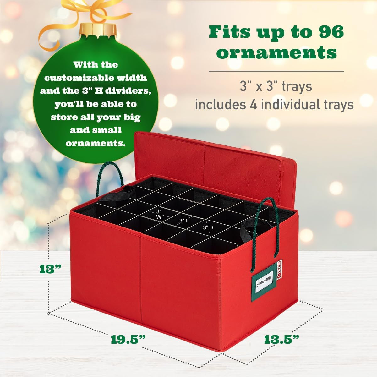 Christmas Ornament Storage Container Box with Dividers – Convenient Durable 4 Individual Removable Trays Fits up to 96-3” Ornaments.