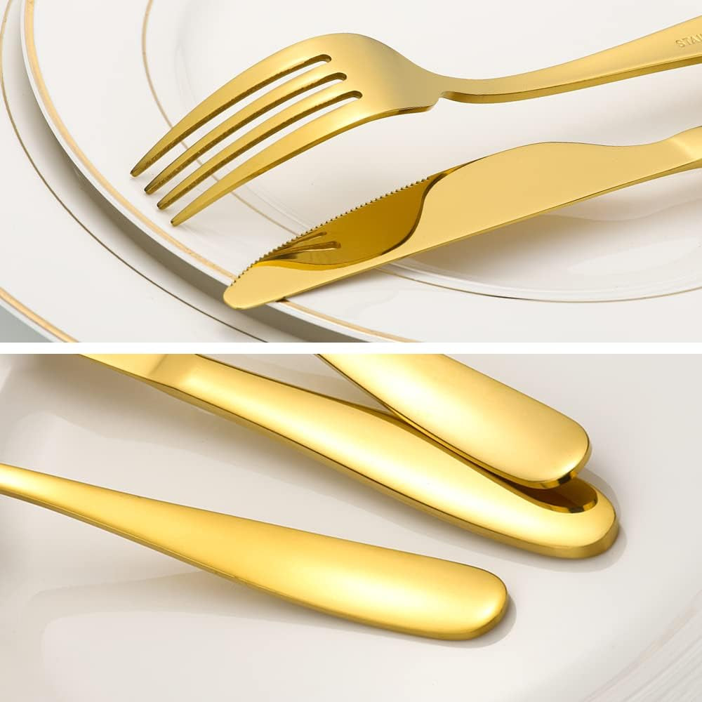 60-Piece Gold Silverware Set,  Stainless Steel Flatware Set for 12, Kitchen Utensils Cutlery with Titanium Golden Plated Include Spoons Forks Knives, Mirror Polished Dishwasher Safe