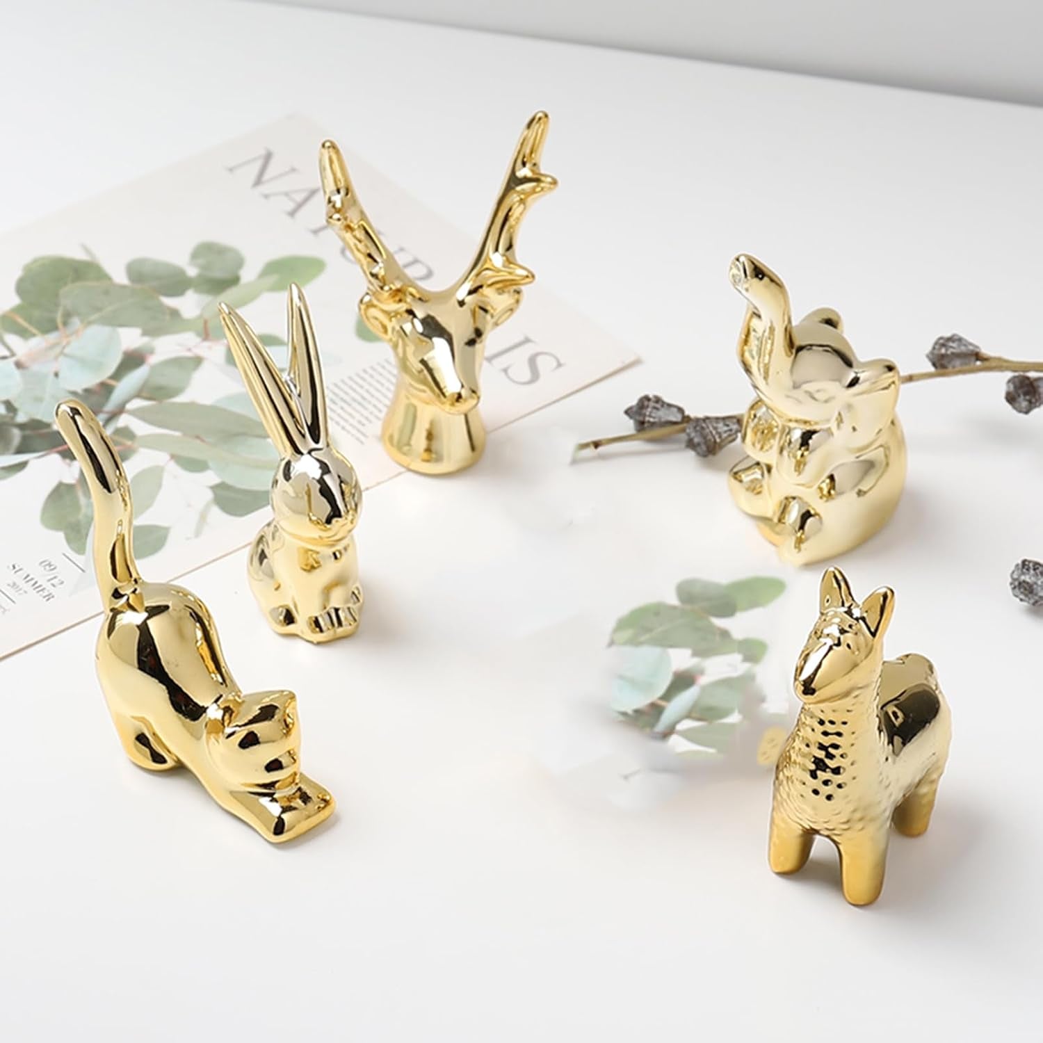 Ceramic Animal Figurines Ornaments, Gold Home Decor Sculptures and Statues Handmade Artware Gifts (Rabbit)