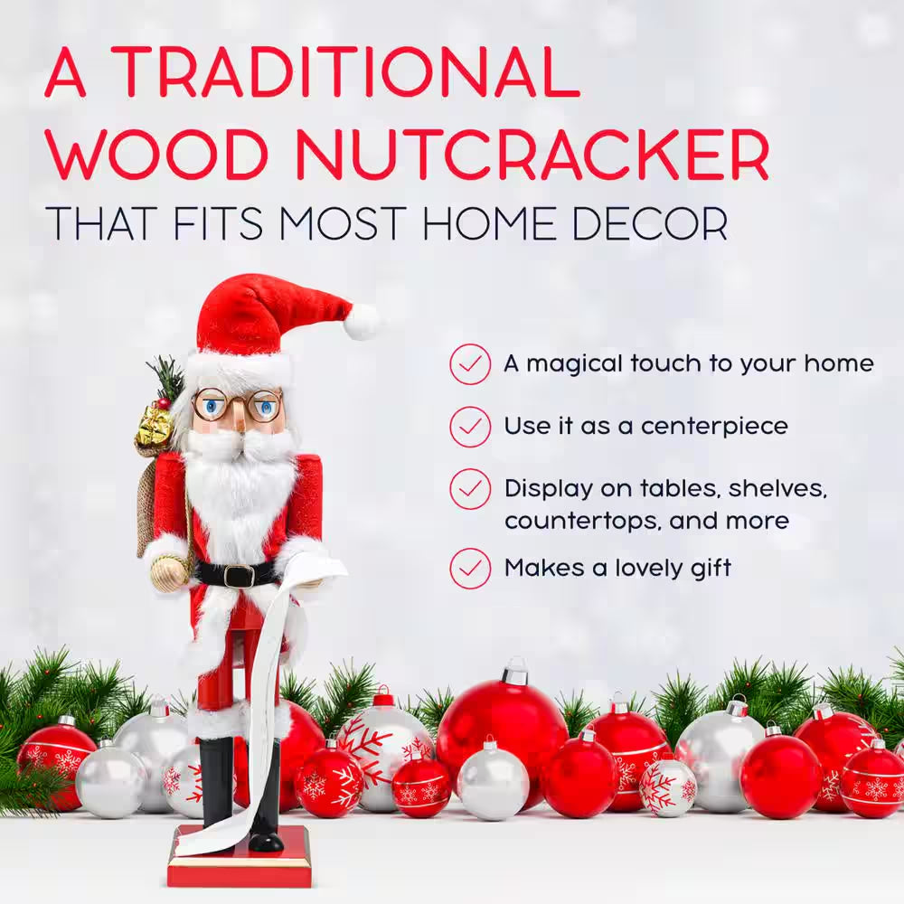 14 In. Wooden Christmas Santa Nutcracker Santa in Traditional Attire W/ a Bag of Gifts on His Shoulder and List of Names