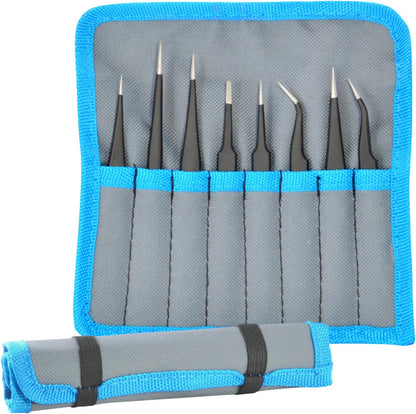 TZ-8X ESD Safe Anti-Static Stainless Steel Tweezers Set for Electronics, Jewelry, Crafts, 8 Piece