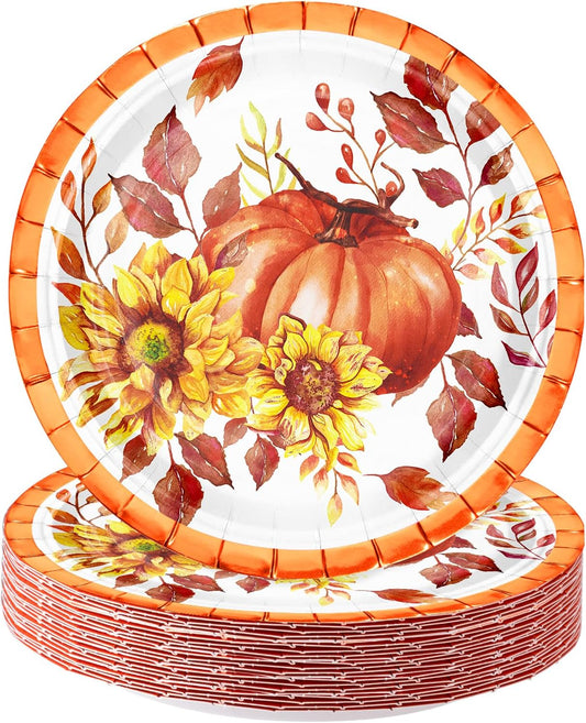 25Pcs Fall Paper Plates - 7 Inch Pumpkin & Sunfloral Disposable Plates Decorative Dinner Plates for Party Tableware Supplies Table Decor