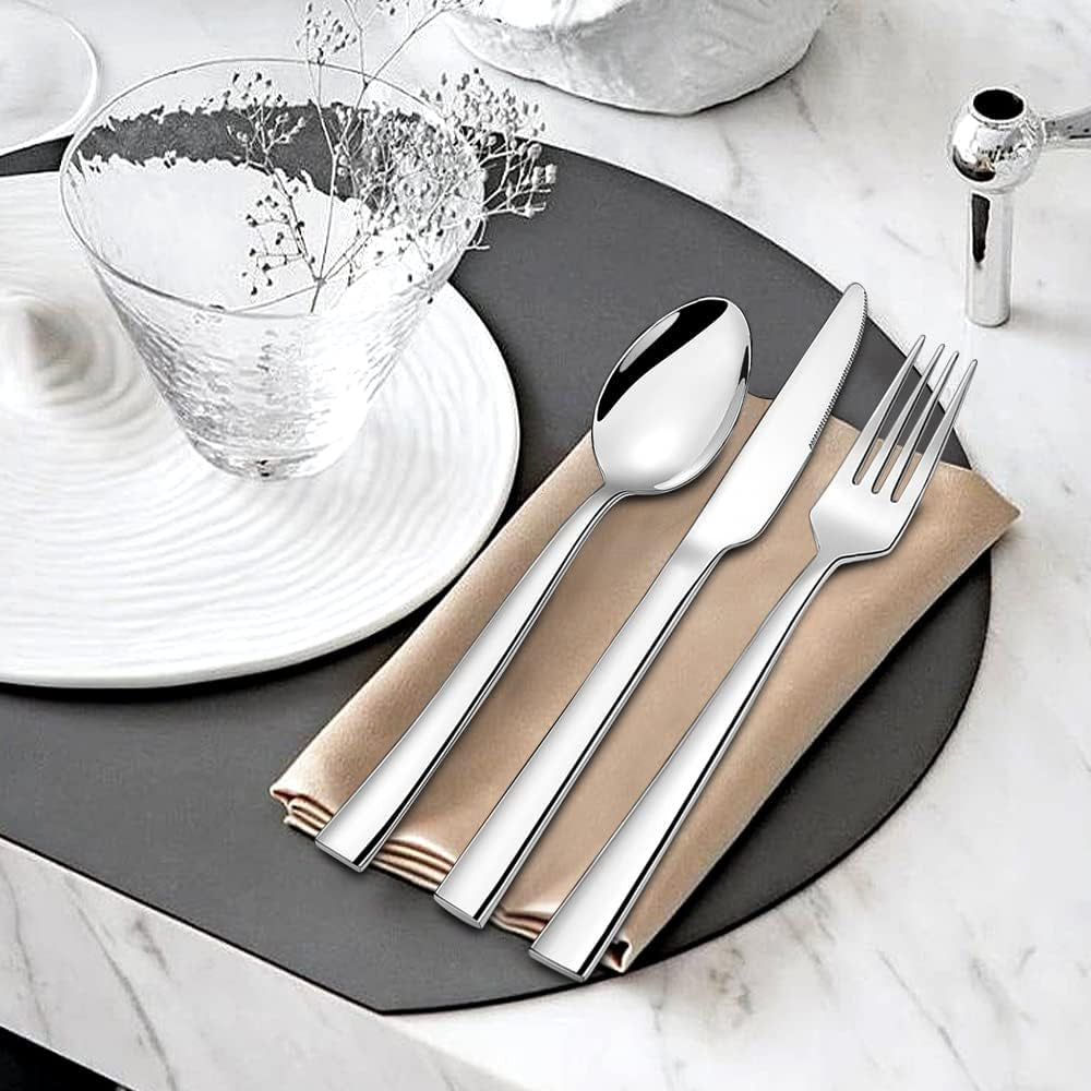 60-Piece Stainless Steel Silverware Set for 12 – Square Edge Flatware Cutlery, Includes Knives, Forks, and Spoons – Elegant Tableware for Home and Hotel – Mirror Polished and Dishwasher Safe