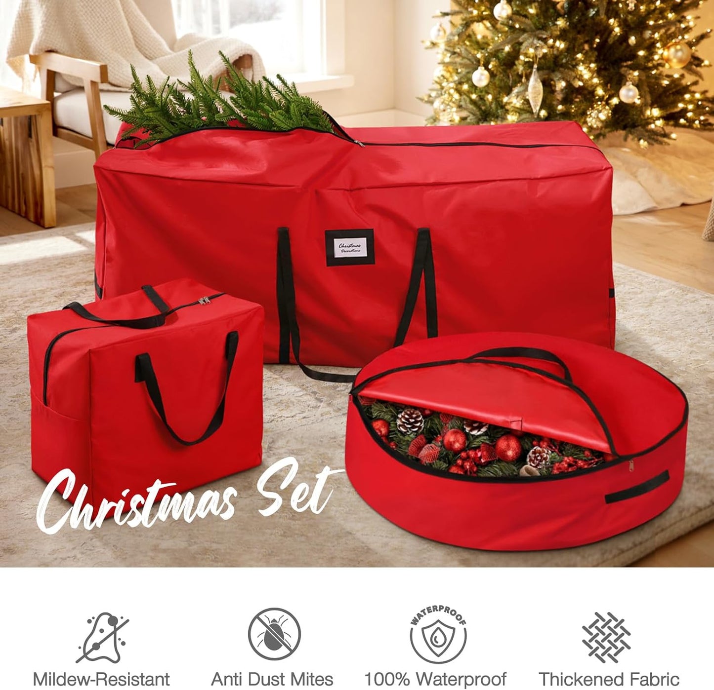 3 Pack Christmas Tree Storage Bag, for 7.5 Ft Artificial Trees Up, Durable Waterproof with Reinforced Carrying Handles, Xmas Holiday Garland Bag Storage Case (7.5 Ft, Red)