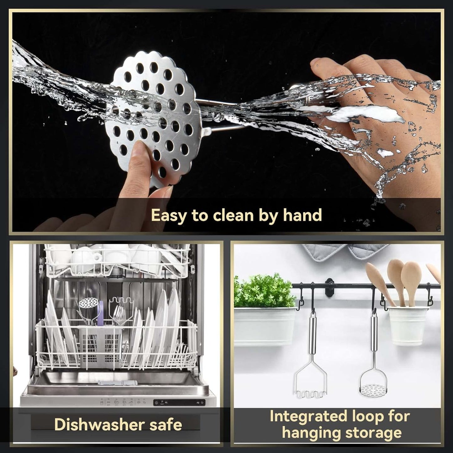 2 Pcs Potato Masher, Heavy Duty Stainless Steel Integrated Masher Kitchen Tool Wire Masher for Potatoes, Avocados, Beans, Fruit & Vegetables