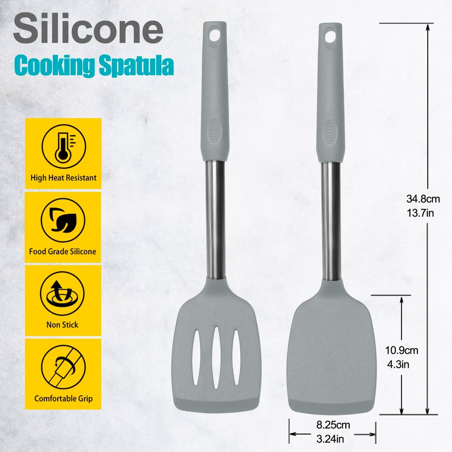 2 Pack Spatulas, Solid & Slotted Silicone Spatula Set, Stainless Steel Handle Coated with Silicone, Non Stick Turners, Heat Resistant Rubber Spatulas for Fish, Eggs, Pancakes, WOK, Grey