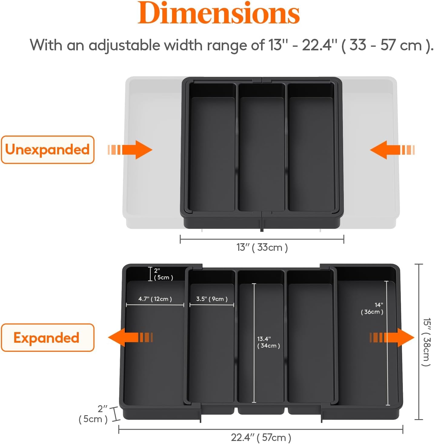 Utensil Organizer for Kitchen Drawers, Expandable Cooking Utensil Tray, Adjustable Cutlery Silverware Flatware Holder, Plastic Kitchen Spatula Tools and Gadgets Storage Divider, Large, Black