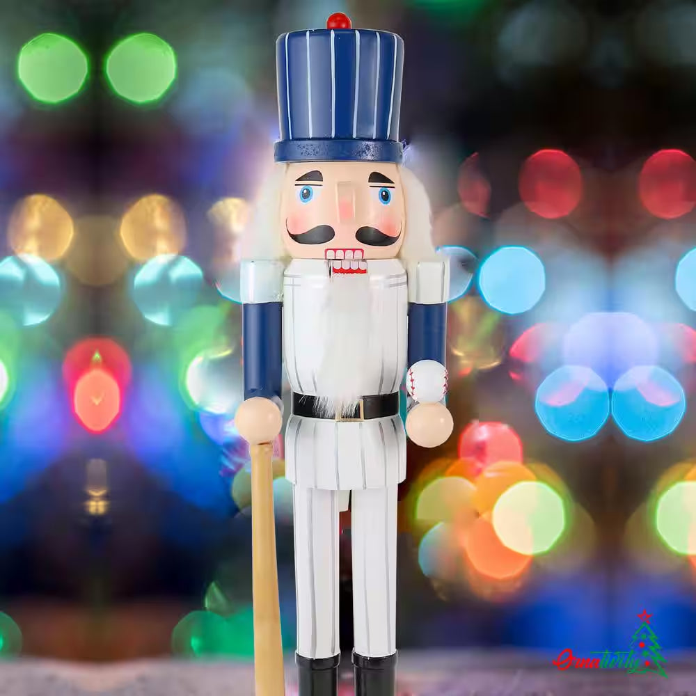 15 In. Wooden Baseball Nutcracker - Baseball Player with White Pin Stripe Uniform and Bat Holiday Decor Nutcracker