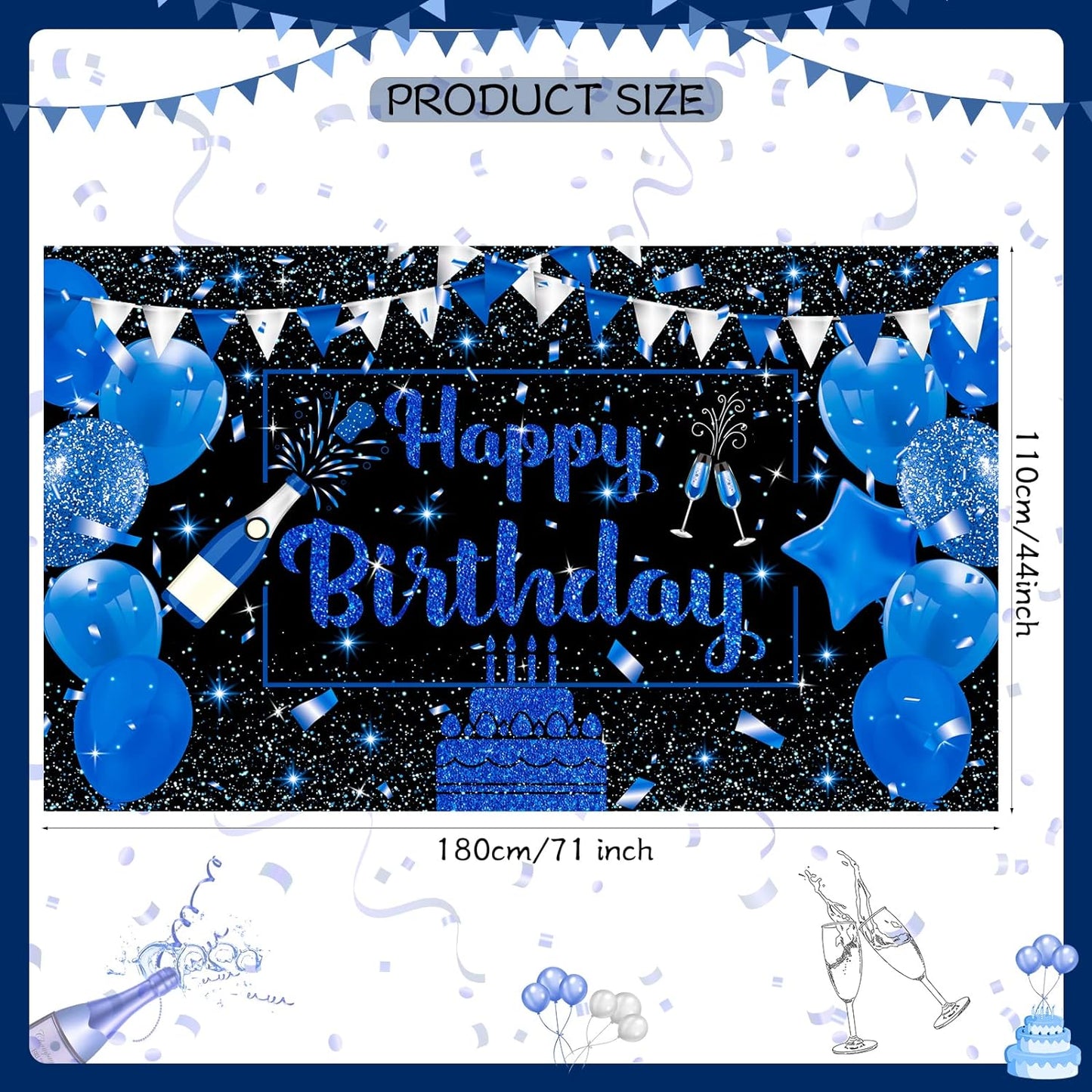 Navy Blue and Black Birthday Banner Decorations - Large Happy Birthday Backdrop for Boys and Girls, Champagne Glass and Balloon Photo Booth Background for Men and Women - 71" x 44" Party Supplies