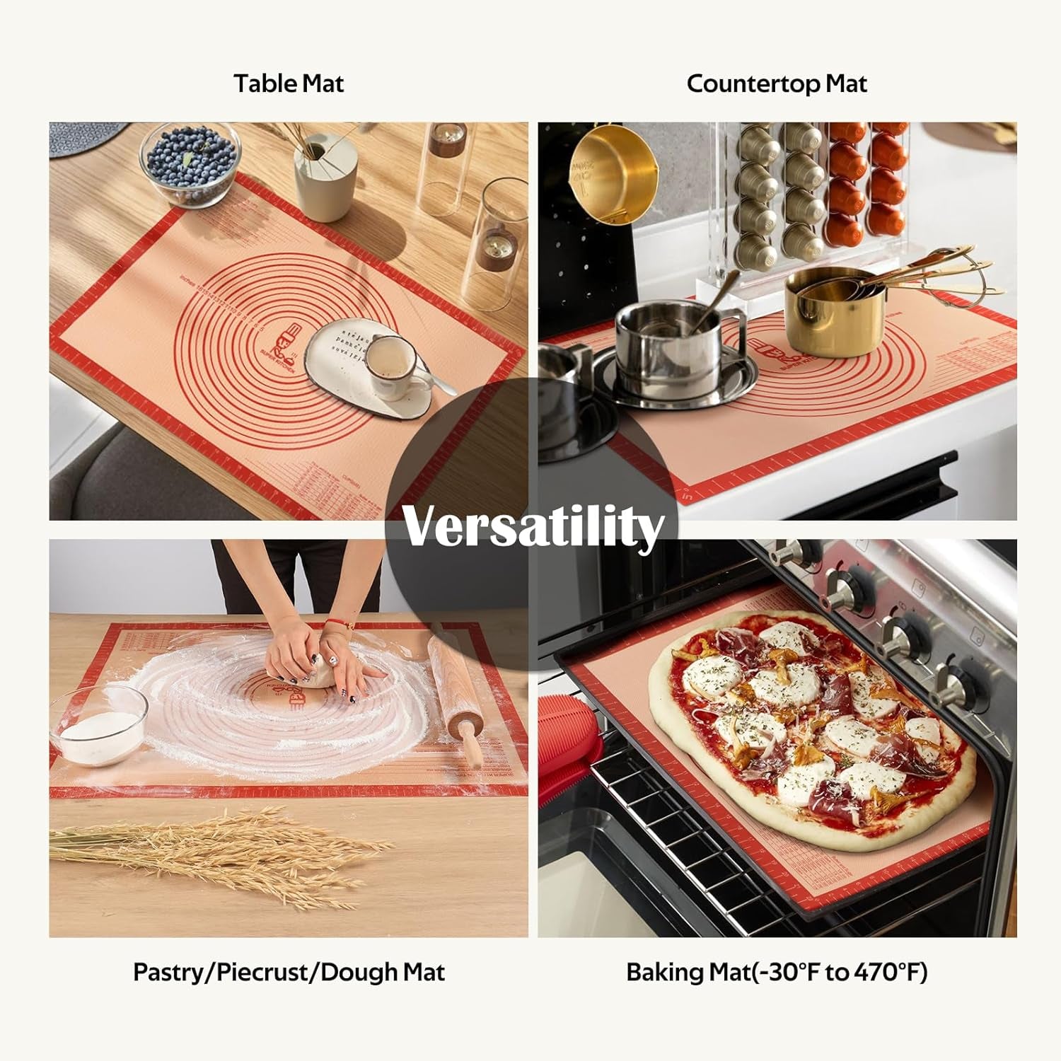 Non-Slip Pastry Mat Extra Large with Measurements 28''By 20'' for Silicone Baking/ Counter Mat, Dough Rolling Mat,Oven Liner,Fondant/Pie Crust Mat by  Red