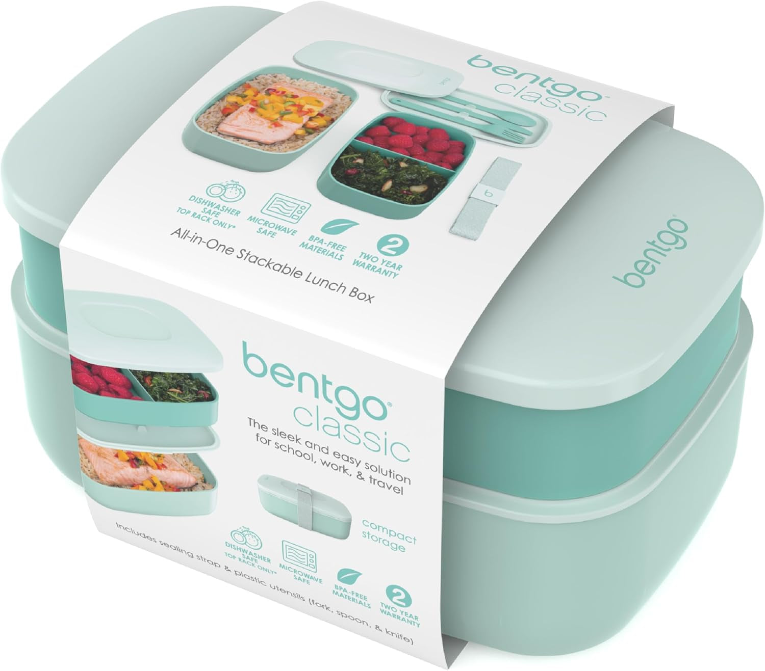 Classic - Adult Bento Box, All-In-One Stackable Lunch Box Container with 3 Compartments, Plastic Utensils, and Nylon Sealing Strap, BPA Free Food Container (Coastal Aqua)