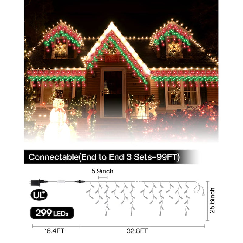 Smart Icicle Lights 299-Count Multi-Function Multicolor Icicle LED Plug-In Christmas Icicle Lights Timer