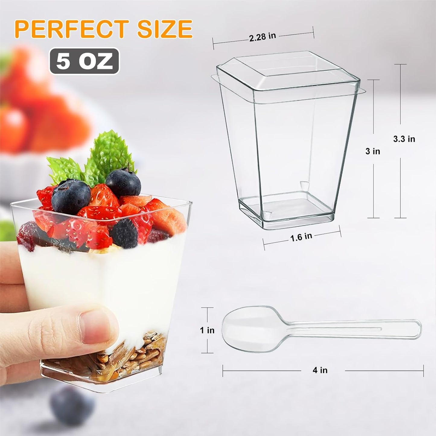 5Oz Plastic Dessert Cups with Lids and Spoons, Clear Yogurt Parfait Cups with Lids, Mini Dessert Cups with Spoons, Small Square Appetizer Cups for Fruit Party Pudding Shooter - 20 Pack