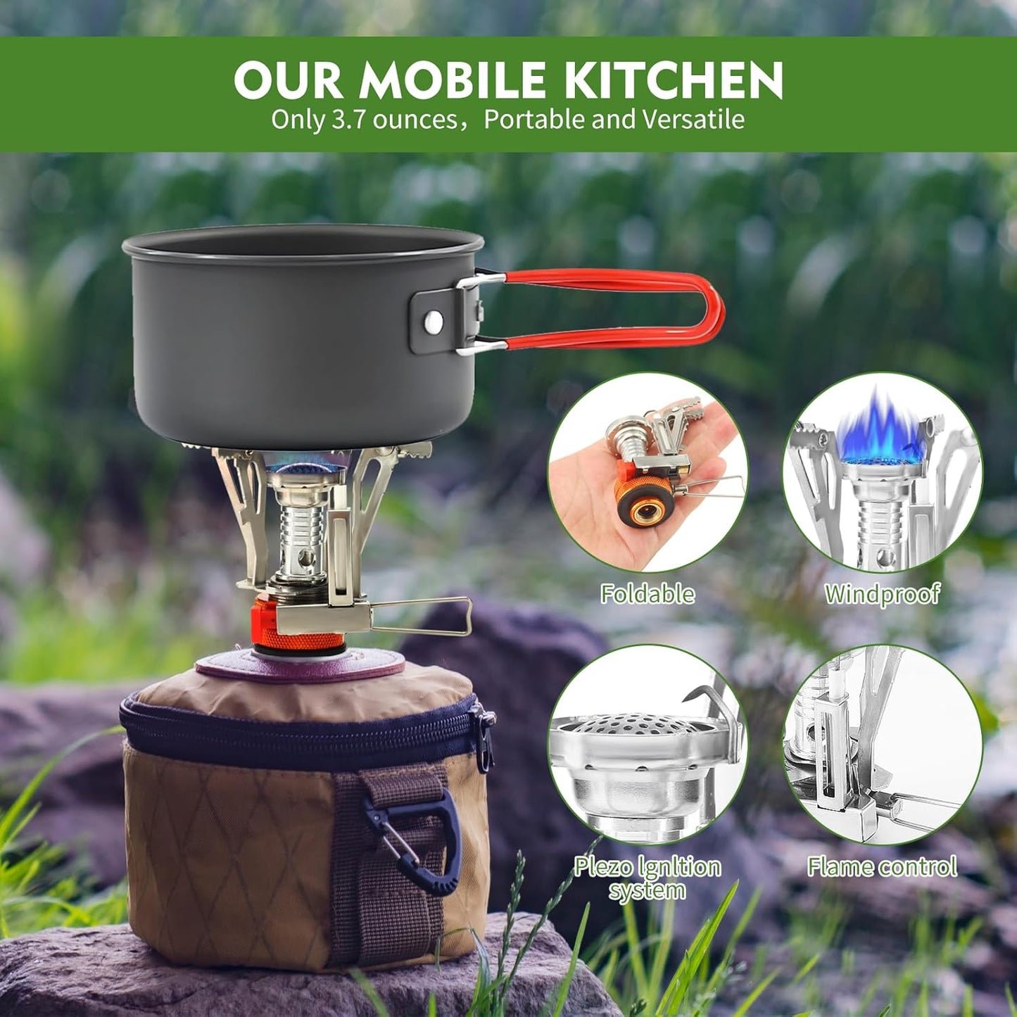 Portable Camping Stove with Piezo Ignition & Wind Resistance, Stable Support for Hiking, Outdoor Cooking & Backpacking