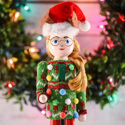 15 In. Wooden Christmas Ugly Sweater Nutcracker -Red and Green Nutcracker Girl with an Ugly Sweater and Reindeer Hat