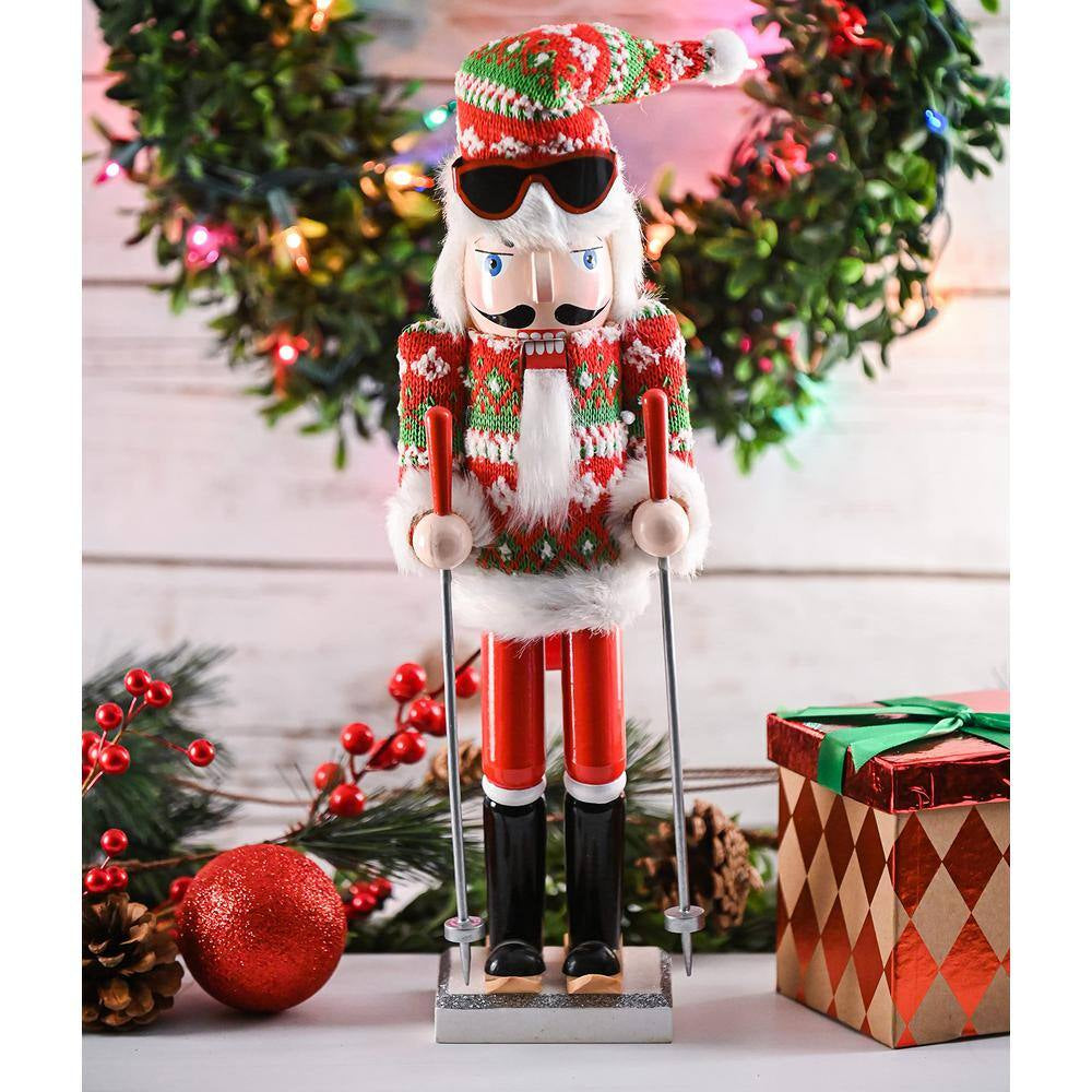 15 In. Wooden Christmas Skier Man Nutcracker -Red and Green Nutcracker Guy with Ugly Sweater and Skis in Skiing Pose