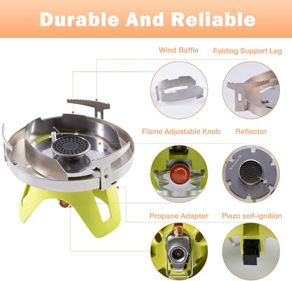 Portable Bottletop Propane Camping Stove with 1-Burner, Wind Baffles & Pressure Regulator for Outdoor Cooking, Hiking, Backpacking, Camping.