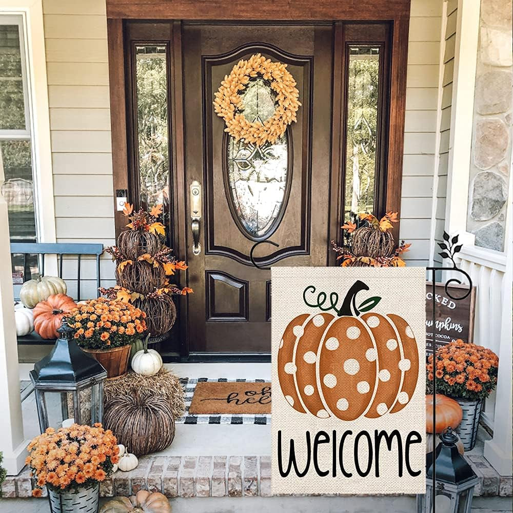 Fall Polka Dots Pumpkin Garden Flag 12×18 Inch for outside Double Sided Welcome Seasonal Holiday Thanksgiving Yard Decorations