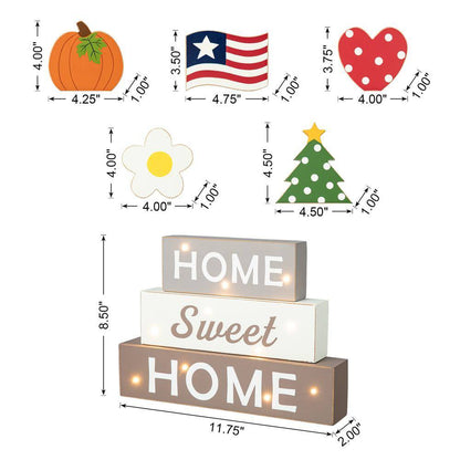 12.75 In. H Lighted Wooden Block Word Sign, W/5 Changeable Top Decors (Spring/Valentine/Patriotic/Fall/Christmas)