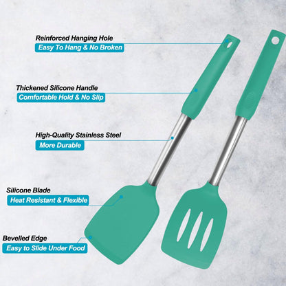 Professional Silicone Spatula Set - 2 Pack, Solid & Slotted Design with Stainless Steel Handles, Heat Resistant Non-Stick Turners for Cooking Fish, Eggs, Pancakes, and Wok - Teal