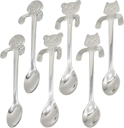 6PCS Dog Cat Bear Coffee Spoon 4.5 Inch Animal Spoons 18/10（304）Stainless Steel Hanging Stirring Dessert Drink Spoons Tableware Kitchen Supplies