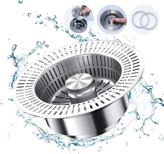 [2024 New Upgrade] 3 in 1 Kitchen Sink Drain Strainer, Stainless Steel Pop up Sink Stopper for US Standard 3-1/2" Drain, Efficient and Sleek Drain Solution