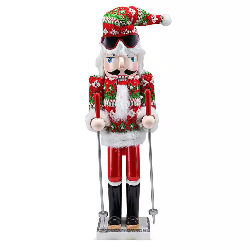 15 In. Wooden Christmas Skier Man Nutcracker -Red and Green Nutcracker Guy with Ugly Sweater and Skis in Skiing Pose